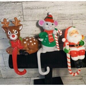 3 Vintage Stocking Hanger Mouse Santa Claus Reindeer Candy Cane Hong Kong 6.5"